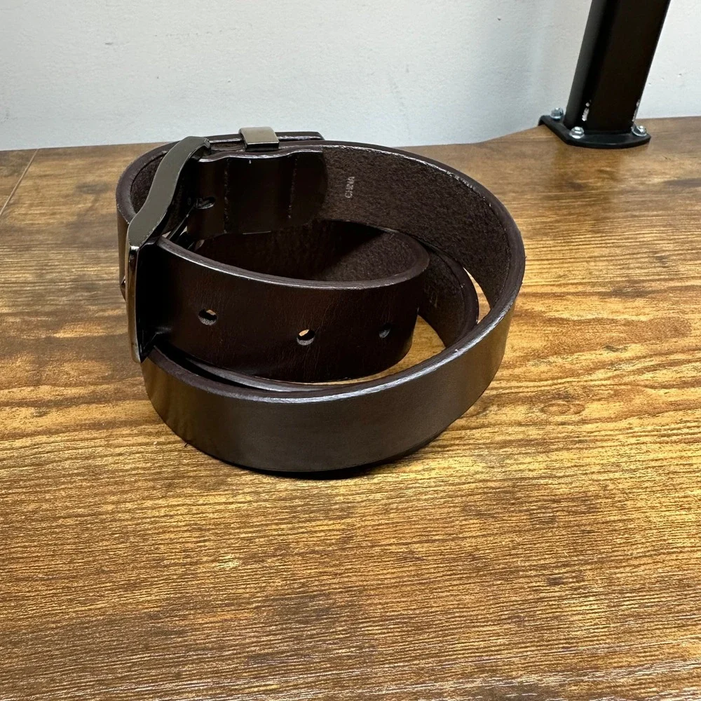 Unlisted Kenneth Cole Mens Brown Genuine Leather Belt Silver Buckle U5752 Size L